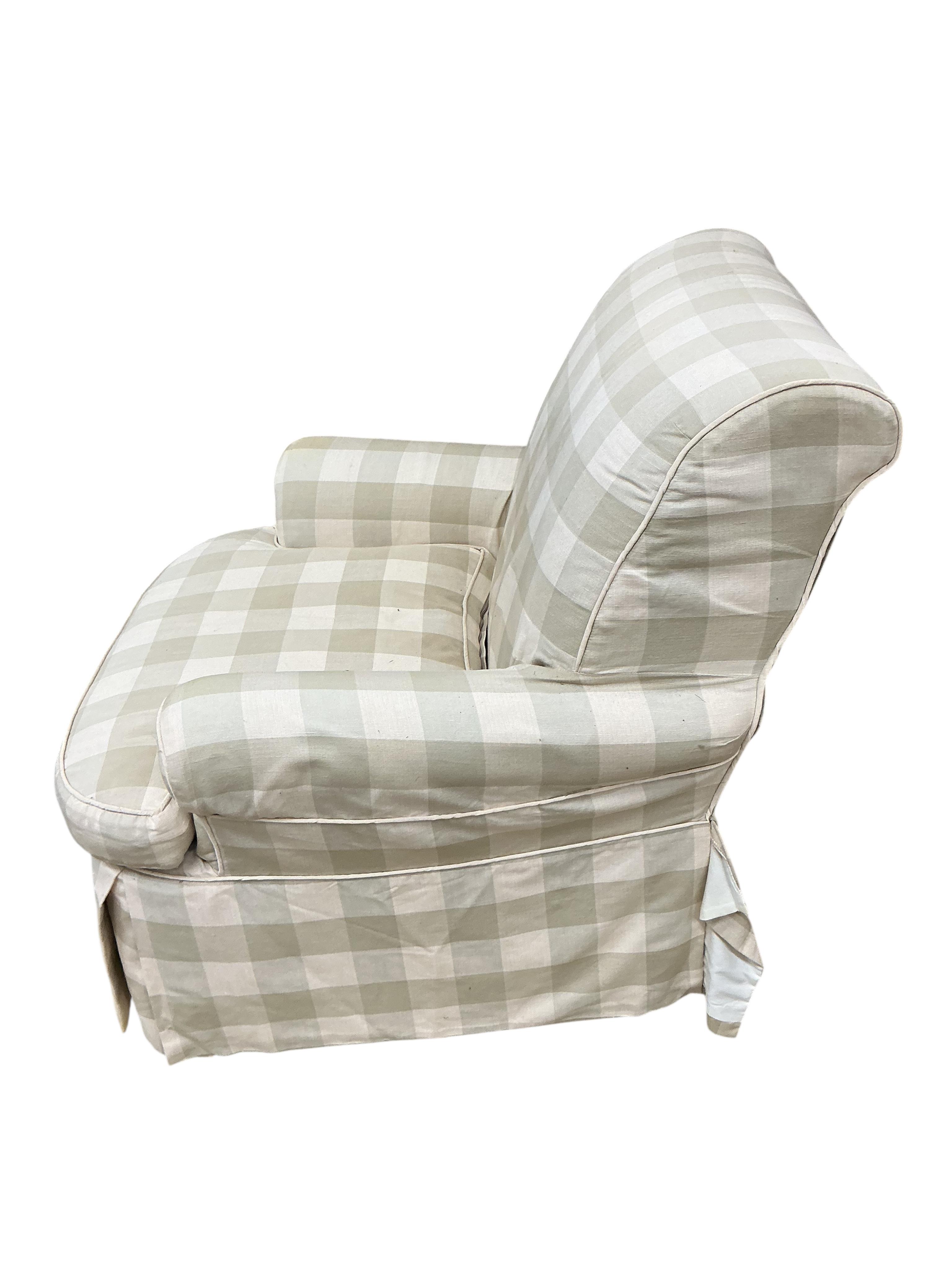 A pair of large grey and white squared upholstered settees, width 200cm, depth 90cm, height 84cm and a pair of matching armchairs